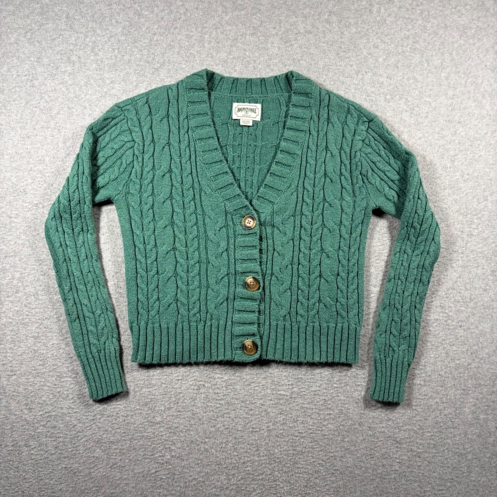 American Eagle Cardigan Women XS Green Cable Knit V-Neck Button Front Sweater